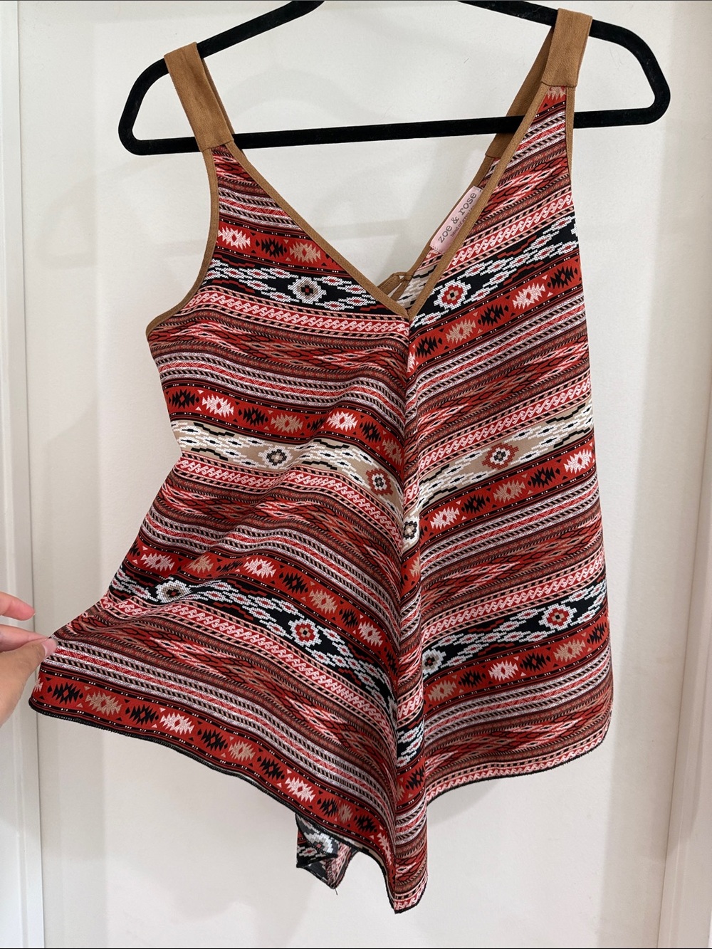 Band of Gypsies Red Patterned V-Neck Camisole with Tan Straps